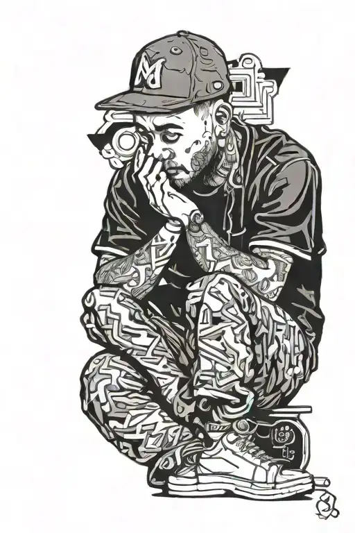 Generate an image of Mac Miller seated in a relaxed position, similar to his pose on the cover of the ‘Swimming’ album.  tattoo design idea