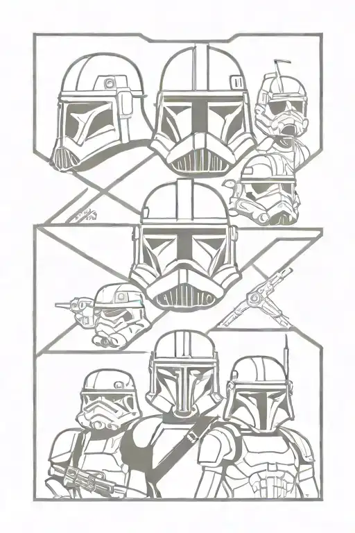 quadrant style tattoo featuring helmets of darth vader, boba fett, clone trooper Captain Rex and a scout trooper  tattoo design idea
