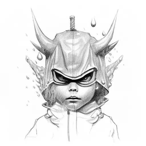 kid with rain coat and shadow of a demon tattoo design idea