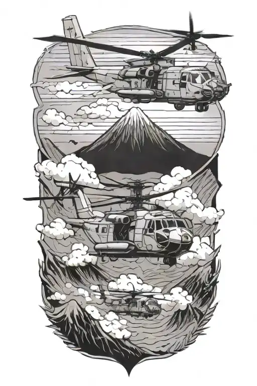 C130 refueling helicopters flying over volcanoes tattoo design idea
