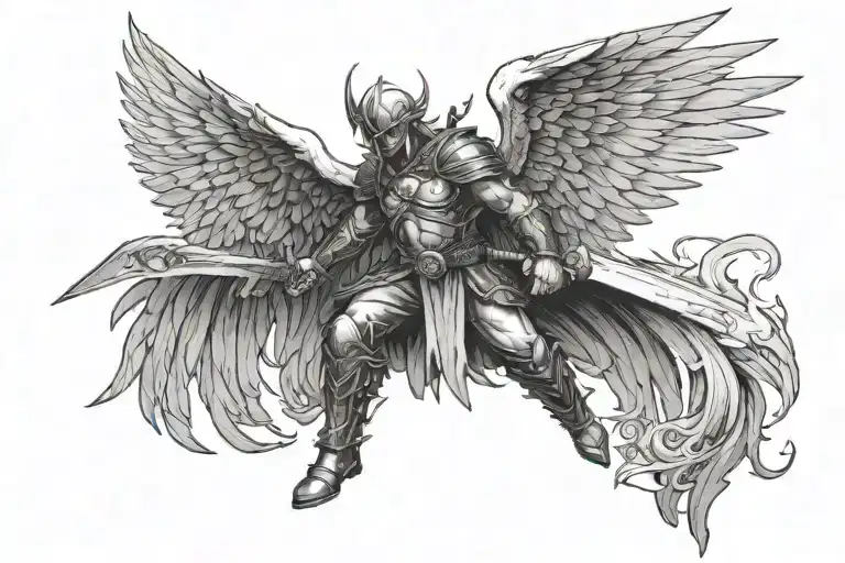 guardian warrior positioned sideways while holding a sword and a large wing coming out the back tattoo design idea