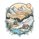nature scene with forest, desert, mountains, farmland and snow tattoo design idea