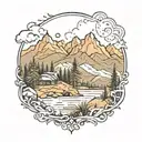 nature scene with forest, desert, mountains, farmland and snow tattoo design idea