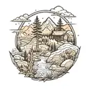 nature scene with forest, desert, mountains, farmland and snow tattoo design idea