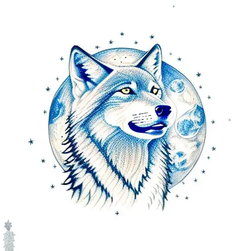 A wolf howling at the moon surrounded by a constellation of stars tattoo design idea