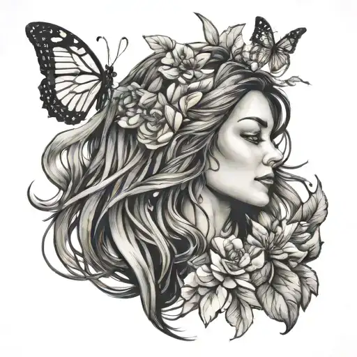 A tattoo of a woman with flowing hair and a butterfly, representing your free spirit and connection with nature, inspired by your daughter Shelby tattoo design idea