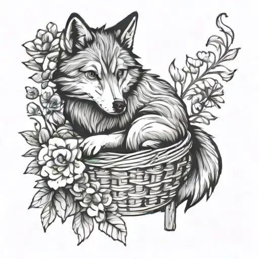 An anime-inspired tattoo of a sad wolf sitting alone in a basket filled with flowers tattoo design idea