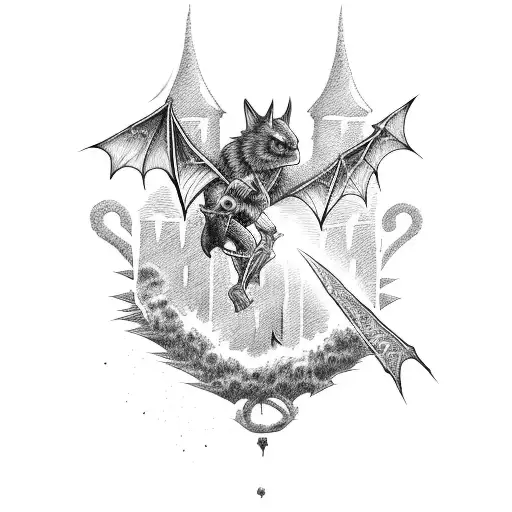 A metalcore band performing on top of a castle, with bats flying around tattoo design idea