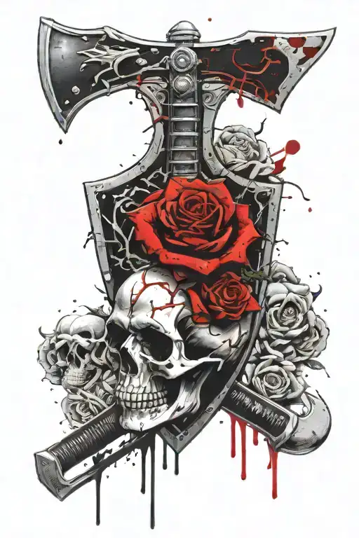 Dark gothic skull, roses, making up a Heraldrey shield, with a eclipsed moon and a sword and axe in the background  tattoo design idea