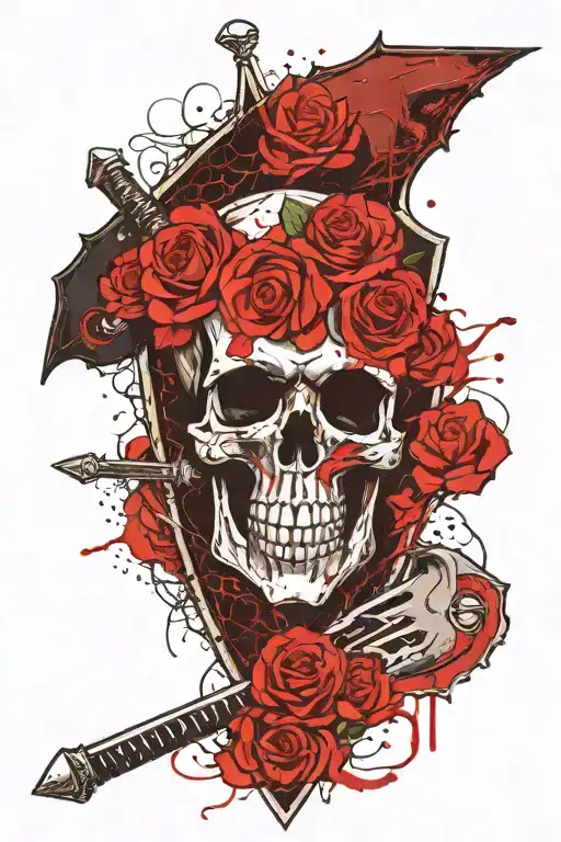Dark gothic skull and roses, making up a heraldry shield with a eclipsed moon and Sword and ax in the background tattoo design idea