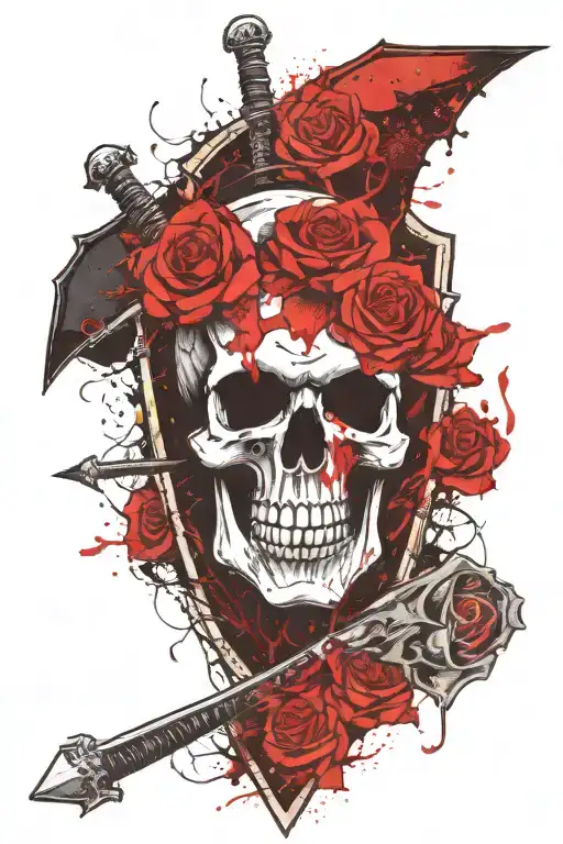 Dark gothic skull and roses, making up a heraldry shield with a eclipsed moon and Sword and ax in the background tattoo design idea