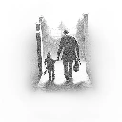 dad and son walking towards gate tattoo design idea