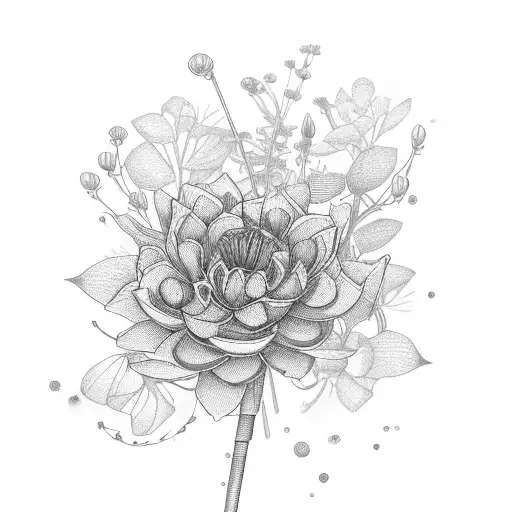 A bouquet of papyrus in flower, a bluish-black beetle climbs on a stem, a lotus flower is present tattoo design idea