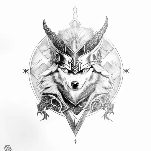 Norse god Odin with a wolf dragon companion tattoo design idea