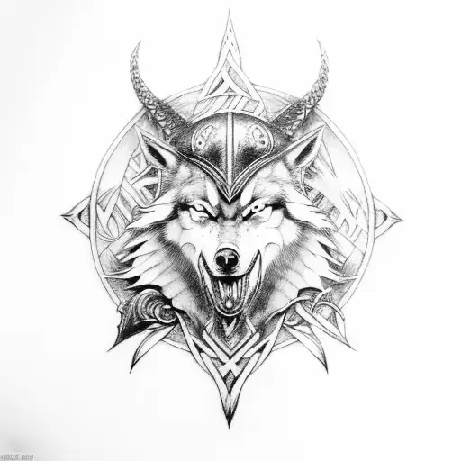 Norse god Odin with a wolf dragon companion tattoo design idea