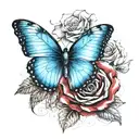 blue butterfly on a red and black colored rose tattoo design idea