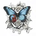 blue butterfly on a red and black colored rose tattoo design idea