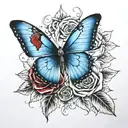 blue butterfly on a red and black colored rose tattoo design idea