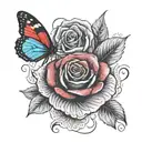 blue butterfly on a red and black colored rose tattoo design idea
