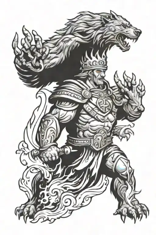 St. Florian standing over a grizzly bear with smoke and flames coming from eyes and mouth tattoo design idea