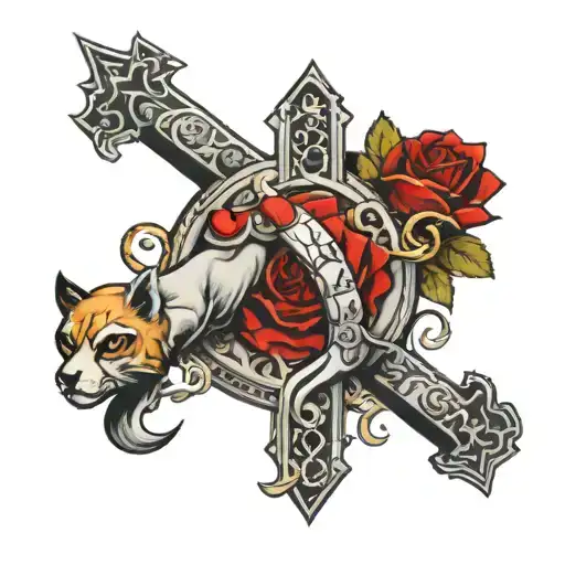 Masculine black and grey arm full sleeve, needs to include an animal, monopoly man, roses, dice, a cross, and some arabi tattoo design idea