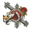 Masculine black and grey arm full sleeve, needs to include an animal, monopoly man, roses, dice, a cross, and some arabi tattoo design idea