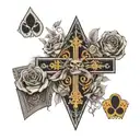 Masculine black and grey arm full sleeve, needs to include an animal, monopoly man, roses, dice, a cross, and some arabi tattoo design idea