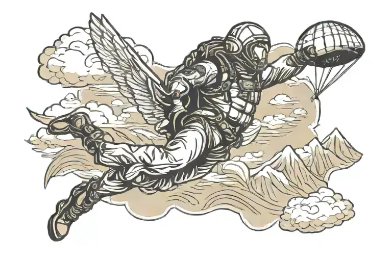 skydiver descending with mountains in the background, a lake on the bottom tattoo design idea