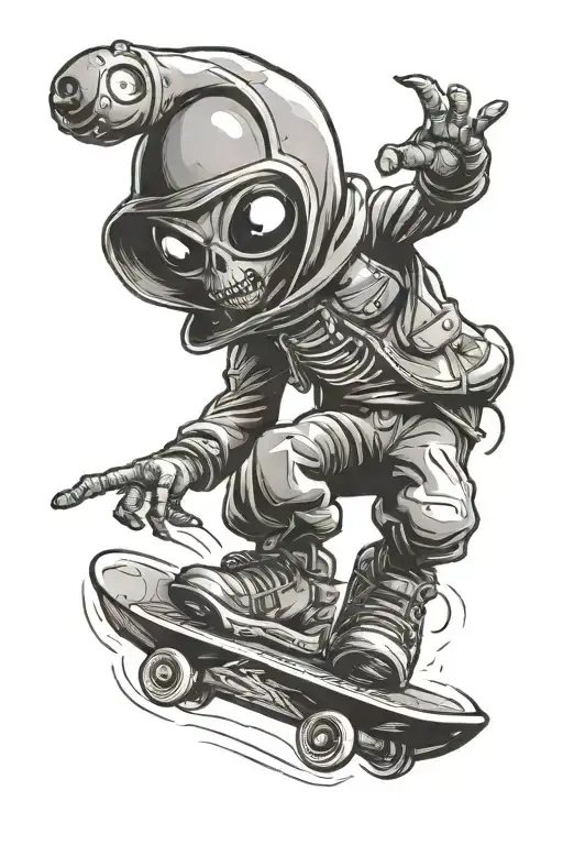 alien riding a snowboard wearing a beanie jacket and baggy tattoo design idea