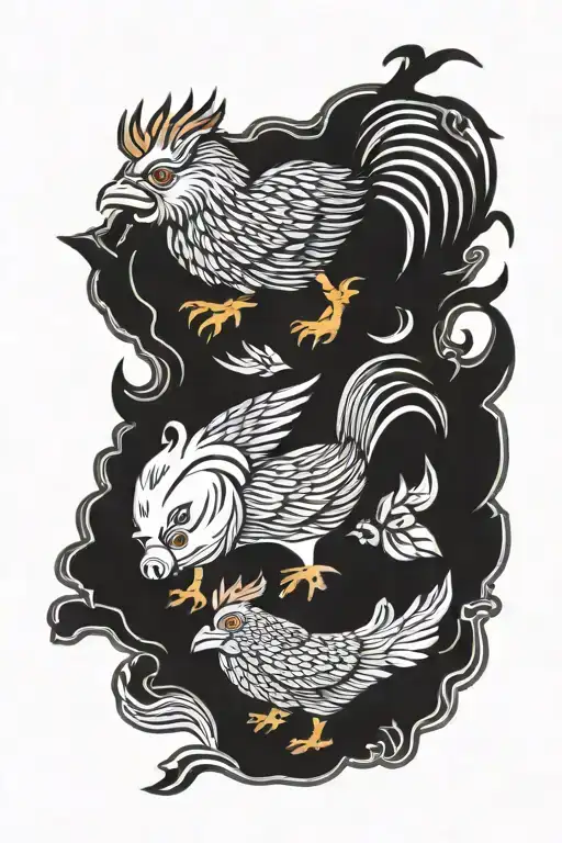 pig and rooster for protection against drowning  tattoo design idea