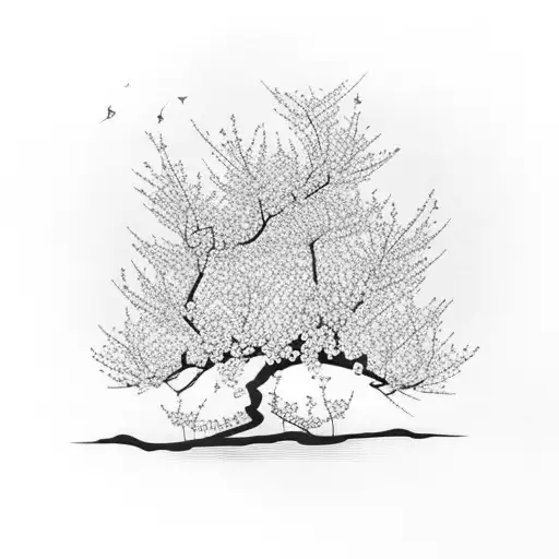 A cherry blossom tree with a silhouette of Lola sitting beneath it tattoo design idea