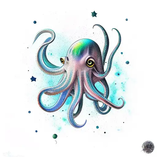 squid spraying ink below it. there are stars and galaxies within the squid ink tattoo design idea
