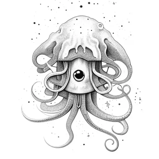 squid spraying ink. there are stars and galaxies within the squid ink tattoo design idea