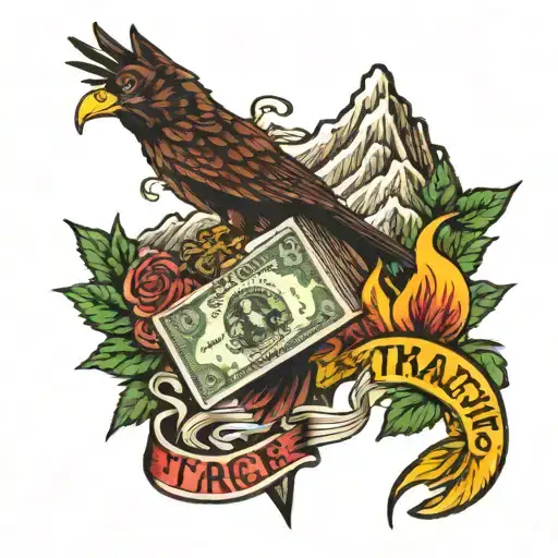 money and mountains with the word "Trace Carter" tattoo design idea