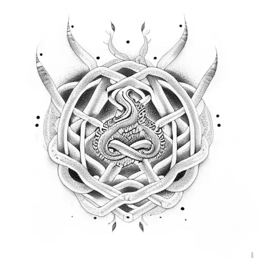 A dotwork tattoo featuring a pool builder's tools intertwined with psychedelic waves and a snake slithering through. tattoo design idea