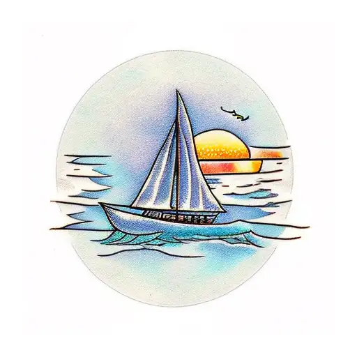 humble sail boat on calm waters with a sunrise  tattoo design idea