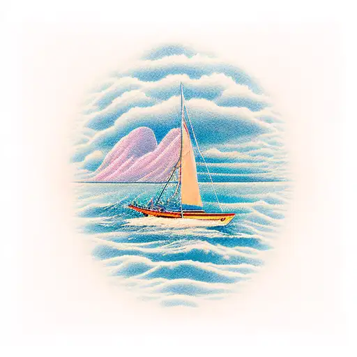 humble sail boat on calm waters " I met God in the morning" in cursive  tattoo design idea