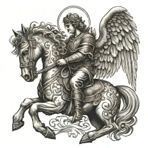 blindfold angel on pegasus with sword tattoo design idea