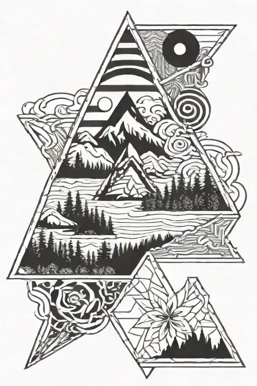 geometric spirals with lake bled within a triangle tattoo design idea