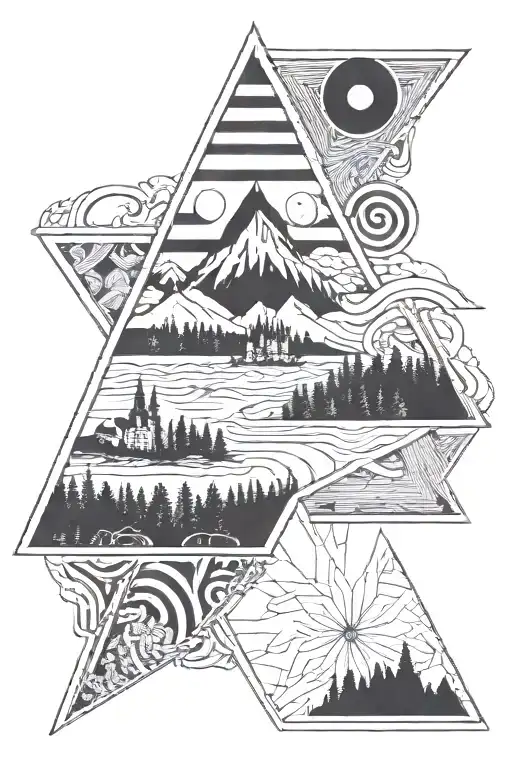 geometric spirals with lake bled within a triangle tattoo design idea