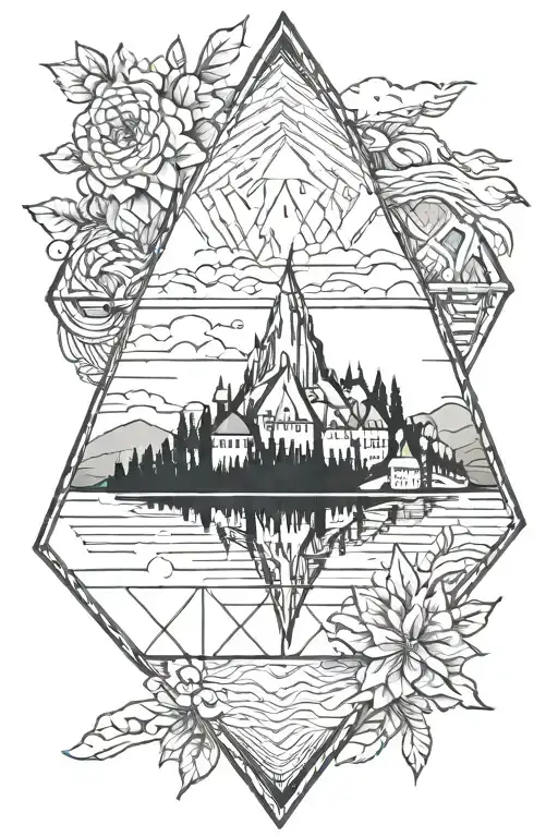 geometric with lake bled in a triangle tattoo design idea