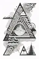 geometric spirals with lake bled within a triangle tattoo design idea