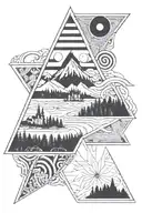 geometric spirals with lake bled within a triangle tattoo design idea