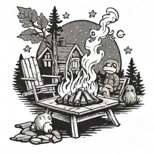 A traditional style tattoo of a campfire scene with Charmander roasting marshmallows under the stars tattoo design idea