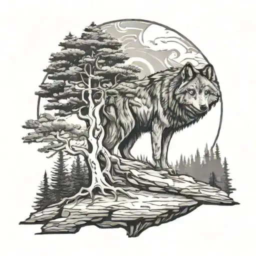 wolfs head forest in the foreground big tree tattoo design idea