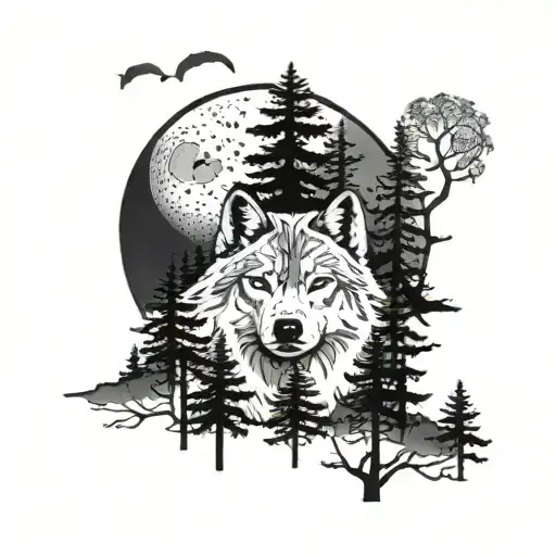 wolfs head forest in the foreground big tree moon tattoo design idea