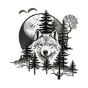 wolfs head forest in the foreground big tree moon tattoo design idea