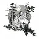 wolfs head forest in the foreground big tree moon tattoo design idea