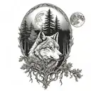 wolfs head forest in the foreground big tree moon tattoo design idea
