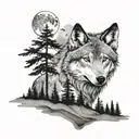 wolfs head forest in the foreground big tree moon tattoo design idea